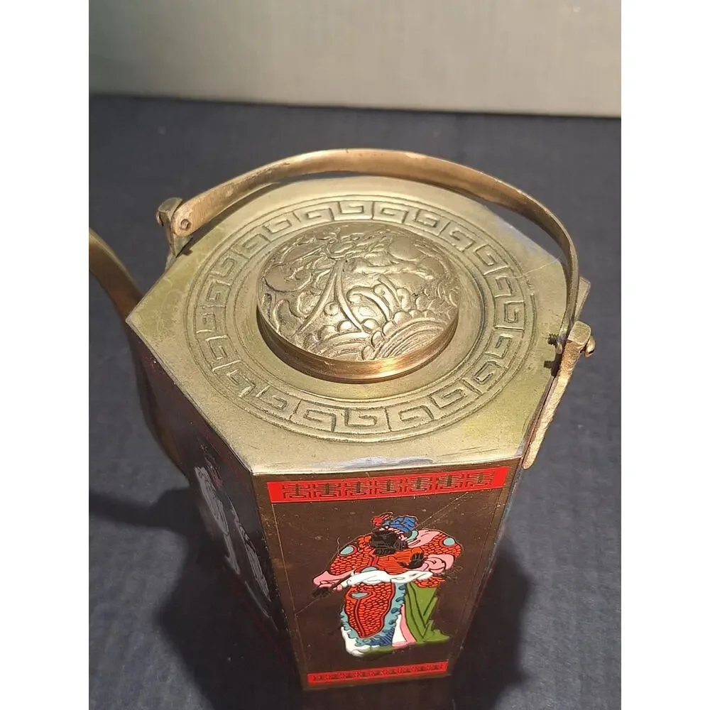 1950s Chinese Hexagonal Brass Teapot Enamel Figures No Taiwan Export Mark!